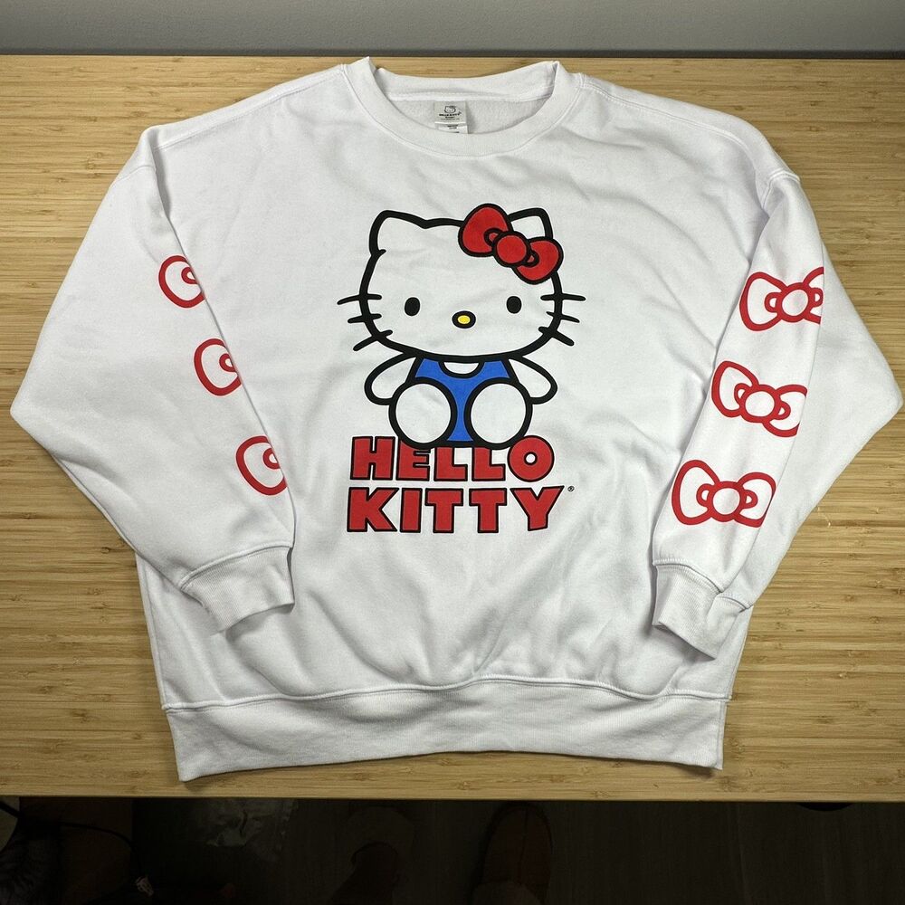Hello Kitty By Sanrio Women Sweatshirt Size M Double-sided Graphic White Fleece